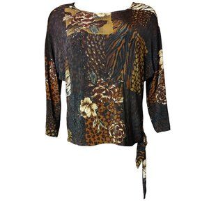 MIRASOL Womens L Brown Multi Animal Print Floral Side Tie Long Sleeve Top